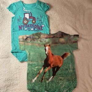 4/$15 Short sleeve farm theme, pack of two onesies for baby girl